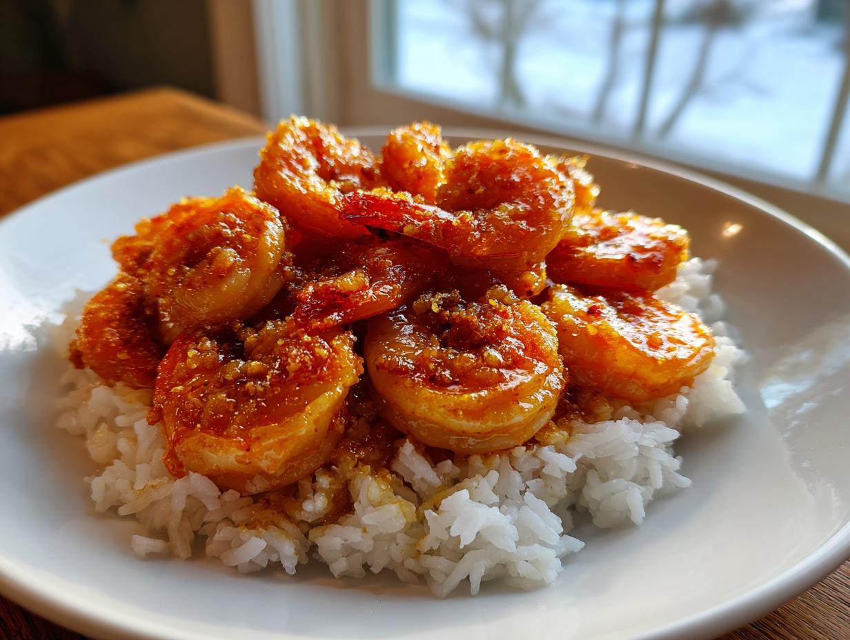 Close-up of bright orange, seasoned cajun shrimp piled on a bed of fluffy white rice in a white bowl.