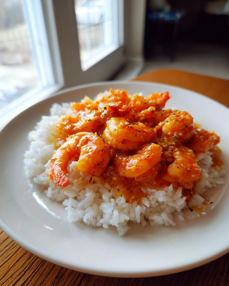Close-up of bright orange cajun shrimp in sauce served over a bed of fluffy white rice on a white plate.
