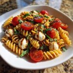 A close-up view of a vibrant caprese pasta salad featuring fusilli pasta, cherry tomatoes, mozzarella balls, and basil drizzled with balsamic glaze.