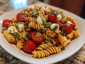 A close-up of a white plate filled with vibrant caprese pasta salad featuring fusilli, cherry tomatoes, mozzarella balls, and basil.