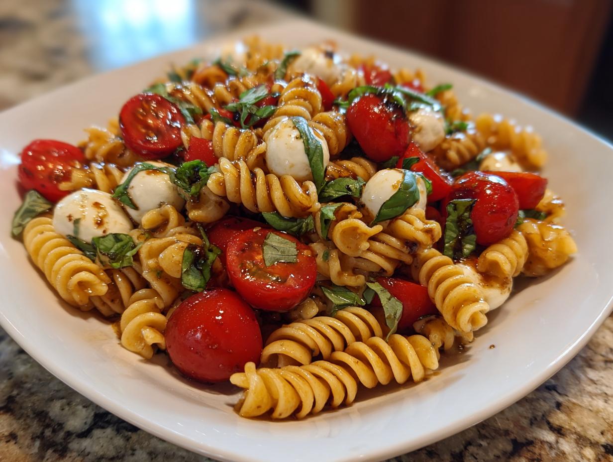A close-up of a white plate filled with vibrant caprese pasta salad featuring fusilli, cherry tomatoes, mozzarella balls, and basil.