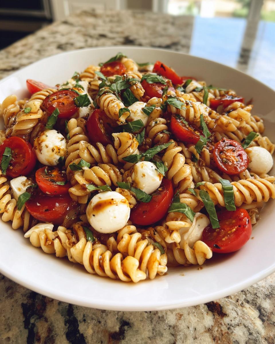 A close-up of a bowl filled with vibrant caprese pasta salad featuring fusilli, cherry tomatoes, mozzarella balls, and basil.