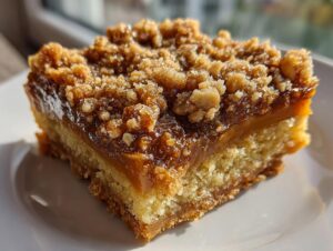 A close-up shot of a single serving of carmelitas featuring a thick shortbread base, gooey caramel layer, and crumbly topping.