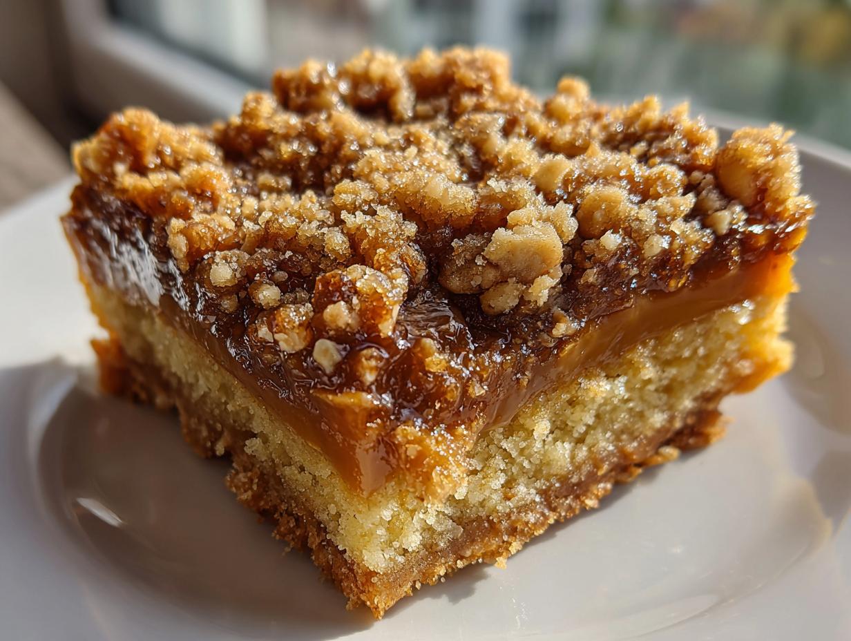 A close-up shot of a single serving of carmelitas featuring a thick shortbread base, gooey caramel layer, and crumbly topping.