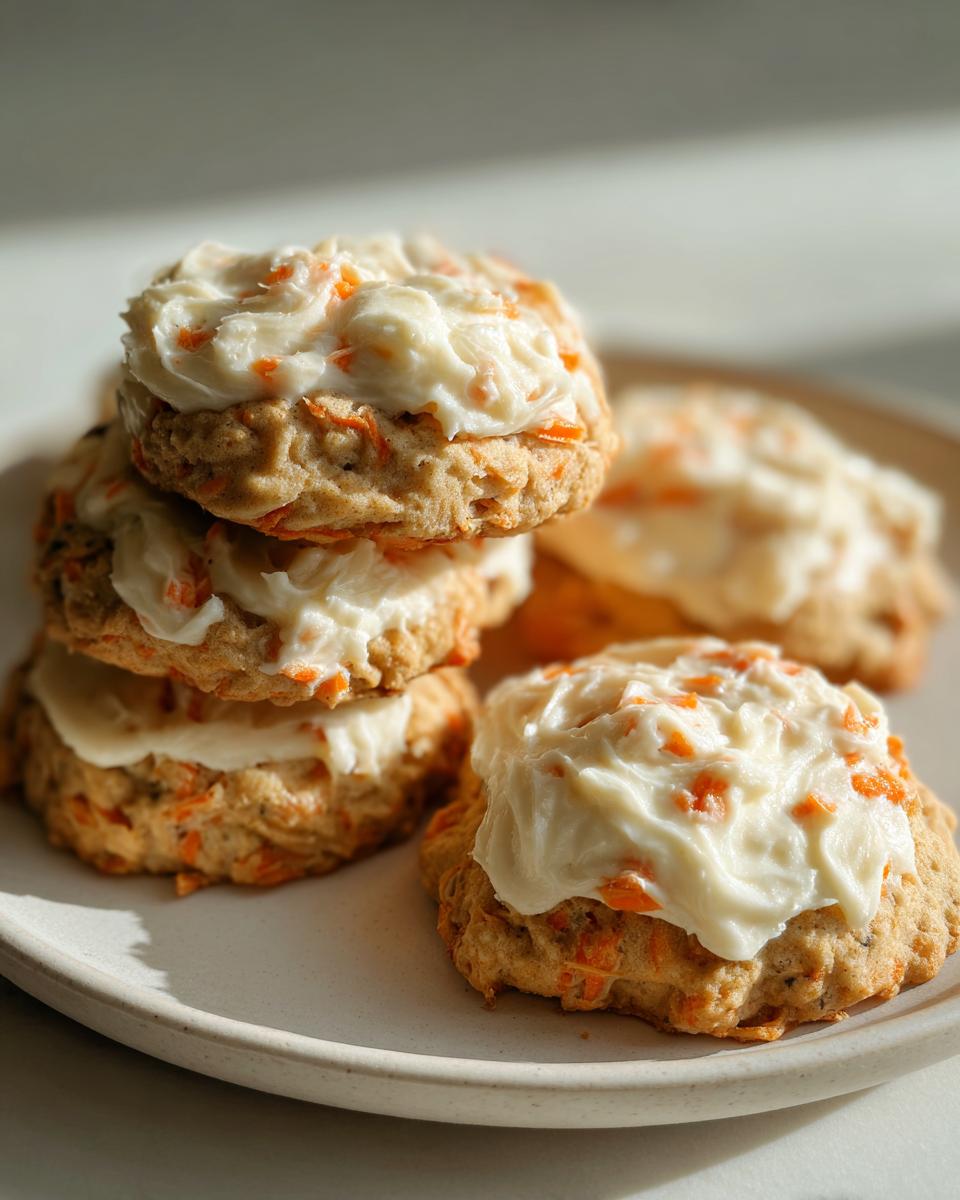 A stack of soft carrot cake cookies topped with thick cream cheese frosting, featuring visible shreds of carrot.