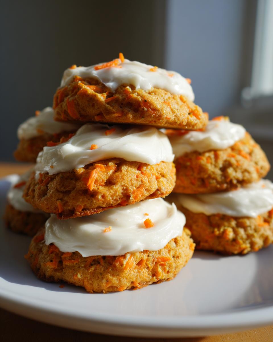 A stack of soft carrot cake cookies topped with thick cream cheese frosting and shredded carrots.
