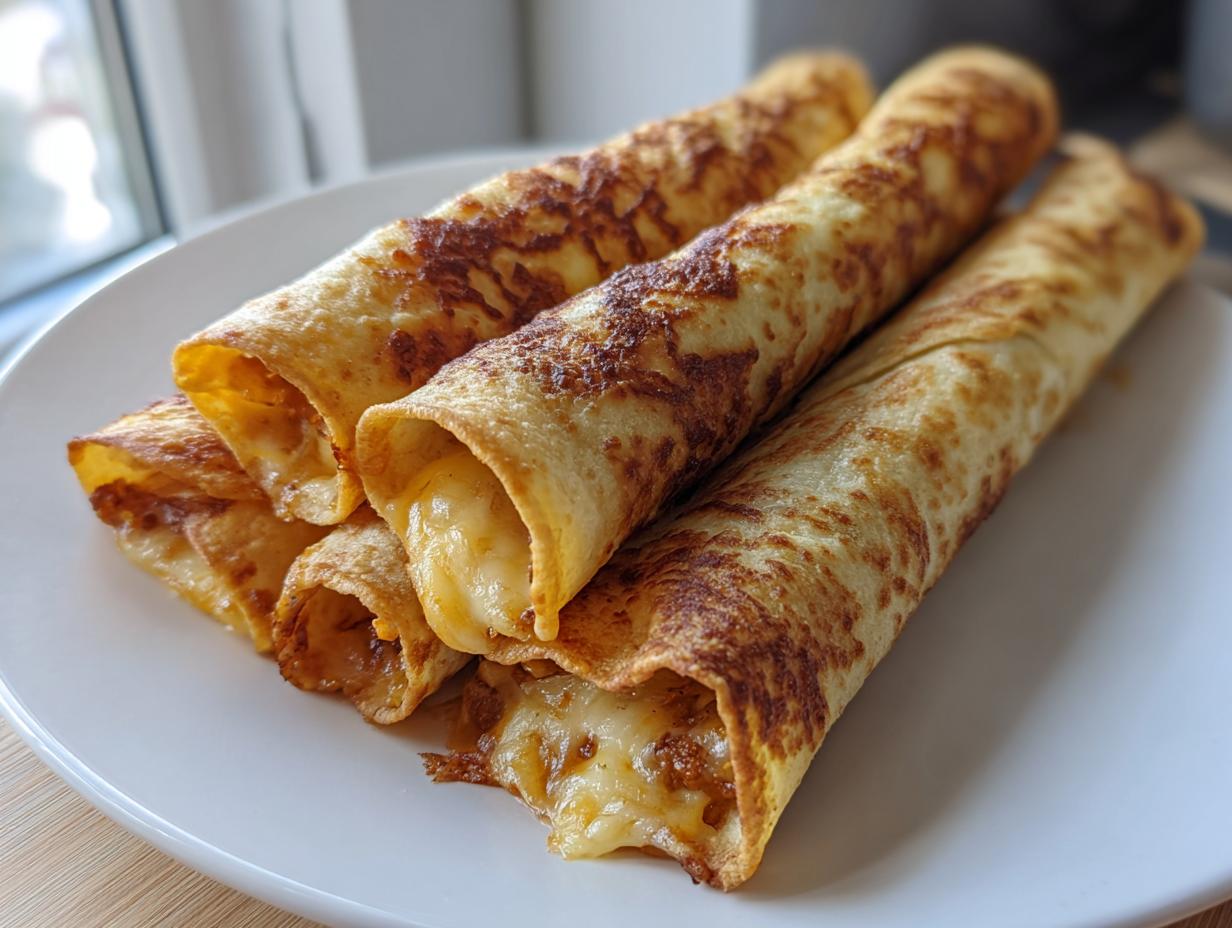 Close-up of golden brown, rolled cheesy beef flautas showing melted cheese oozing out.