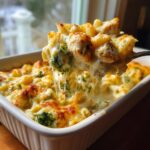 A spoonful of cheesy chicken and broccoli alfredo bake being lifted from a white baking dish, showing long cheese pulls.