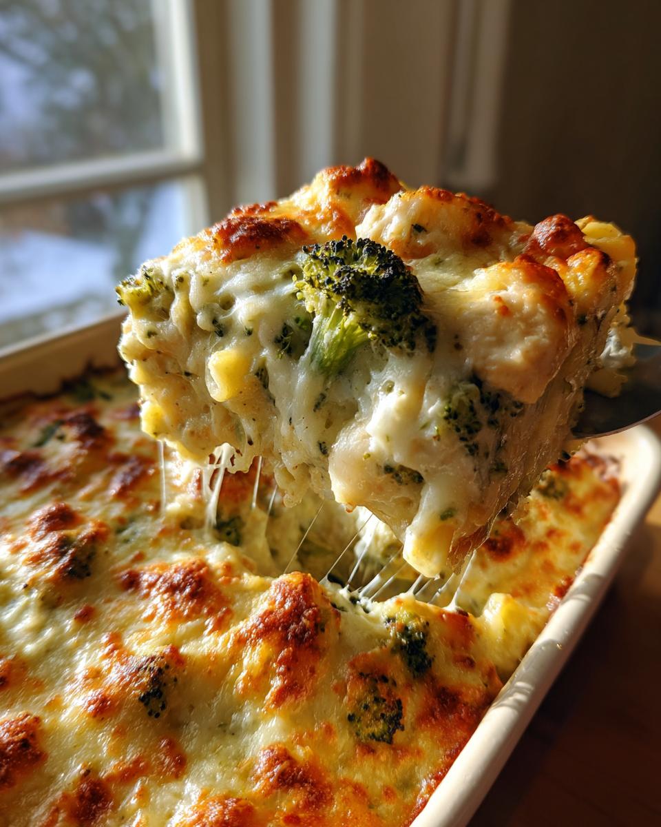 A spoonful of cheesy chicken and broccoli alfredo bake being lifted, showing melted cheese strings.