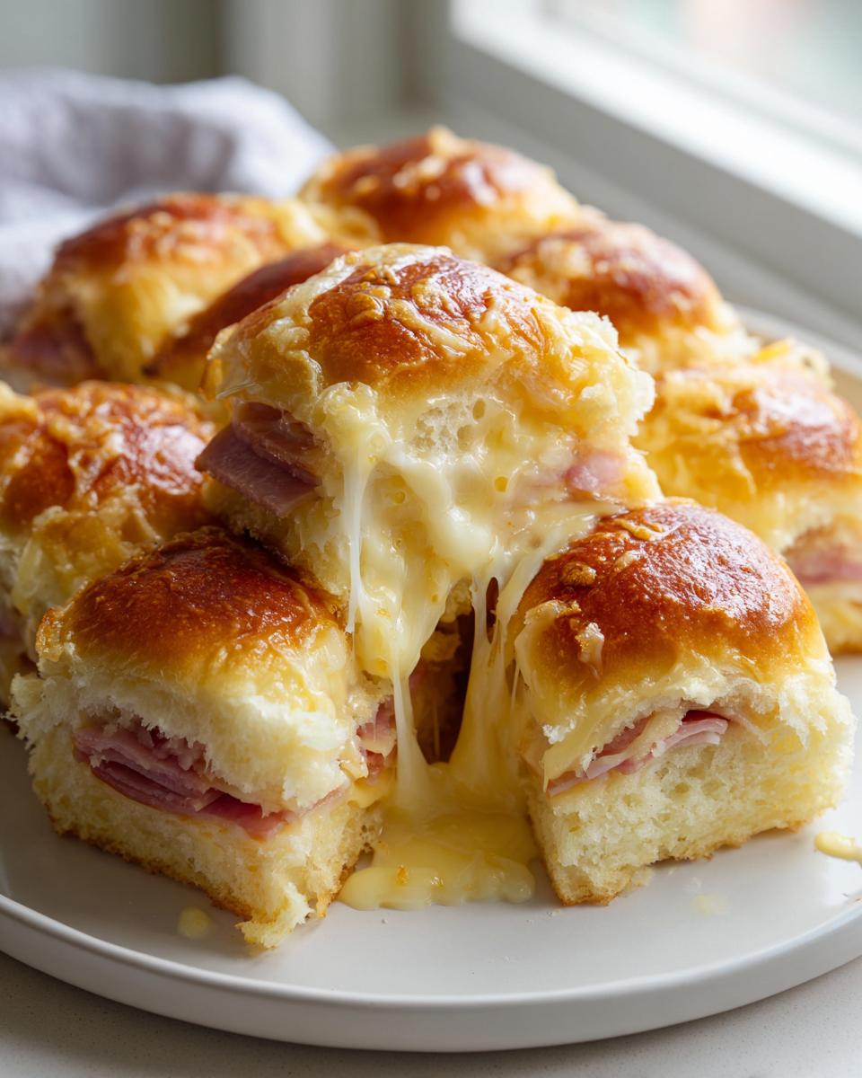 Close-up of baked ham and cheese sliders showing melted cheese stretching between two separated rolls.