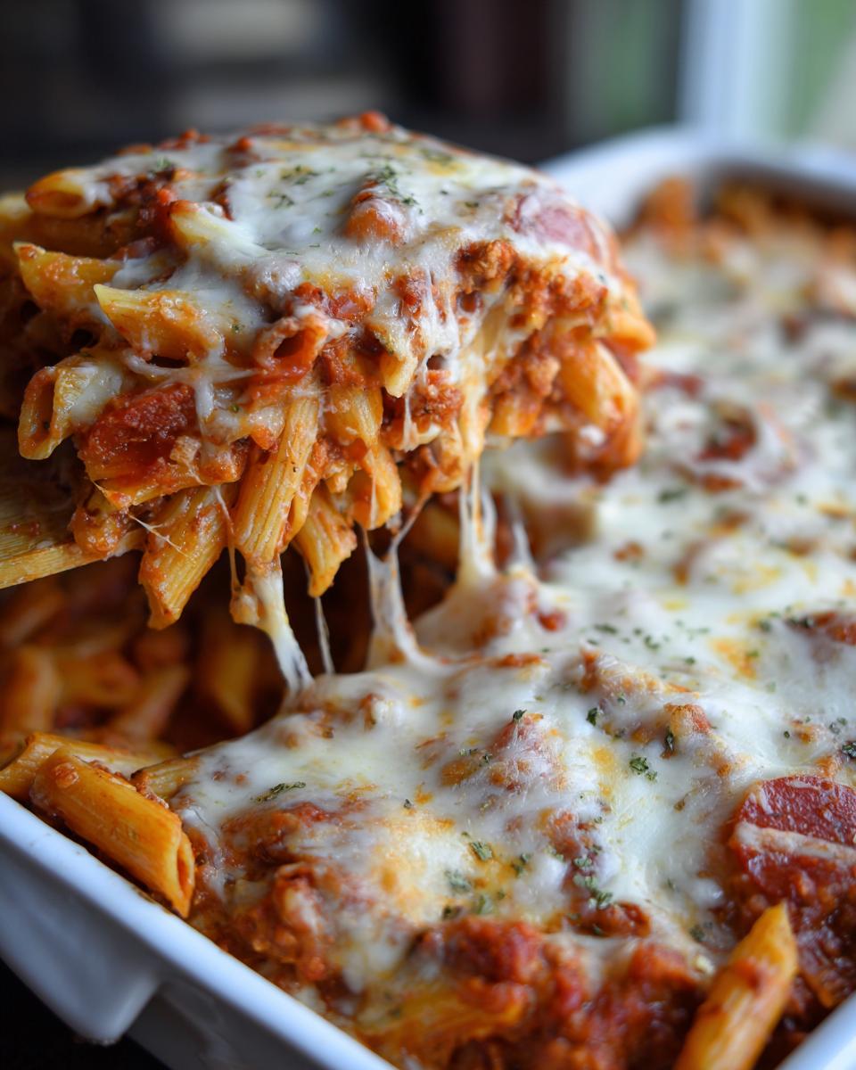 A wooden spoon lifts a serving of cheesy pizza pasta, showing long, melted cheese pulls from the baked dish.