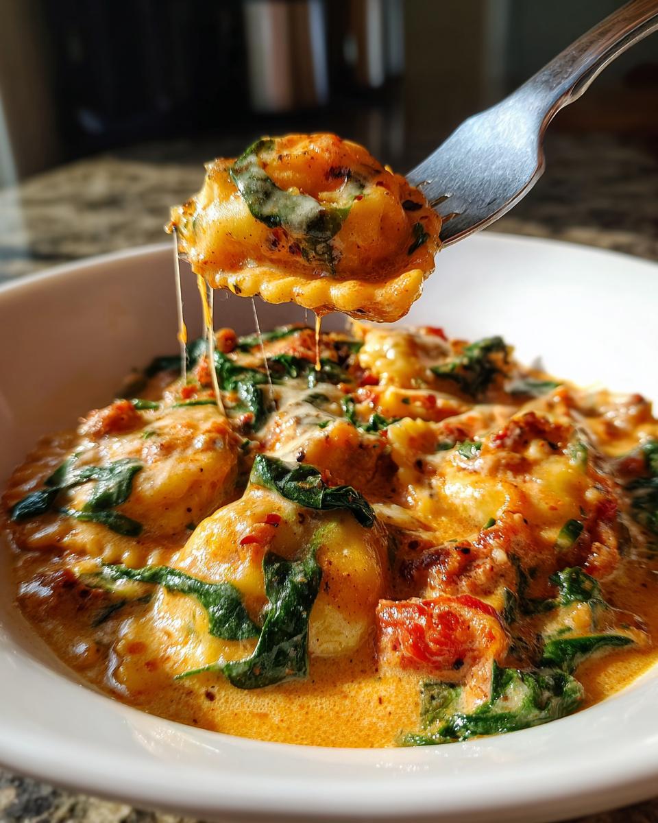 A fork lifting a cheesy, saucy ravioli out of a bowl of creamy ravioli soup with spinach.
