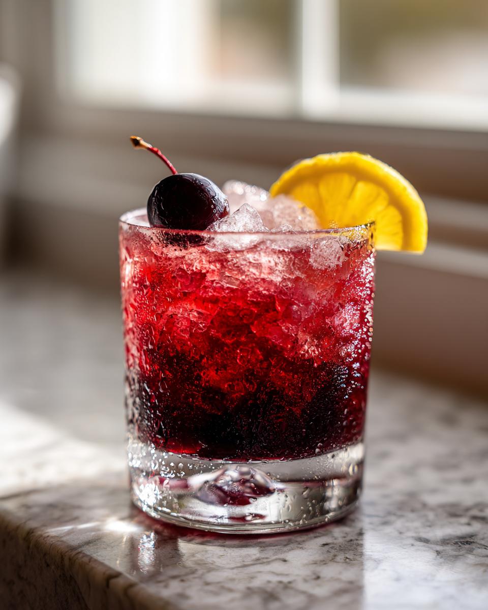 A vibrant, deep red cherry bourbon smash cocktail served over crushed ice, garnished with a fresh cherry and lemon slice.