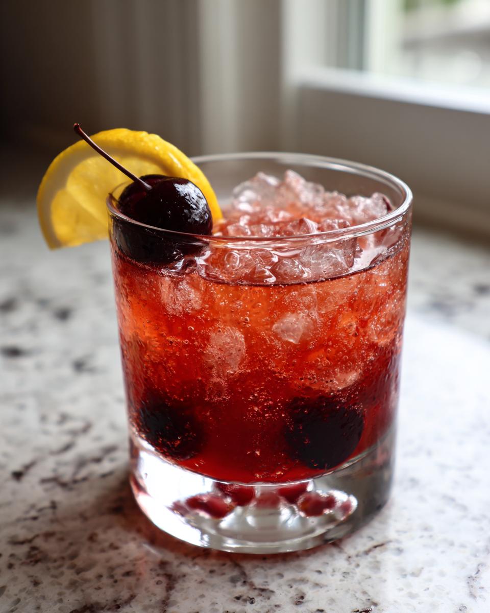 A close-up of a vibrant red cherry bourbon smash cocktail filled with crushed ice and garnished with a lemon slice and a dark cherry.