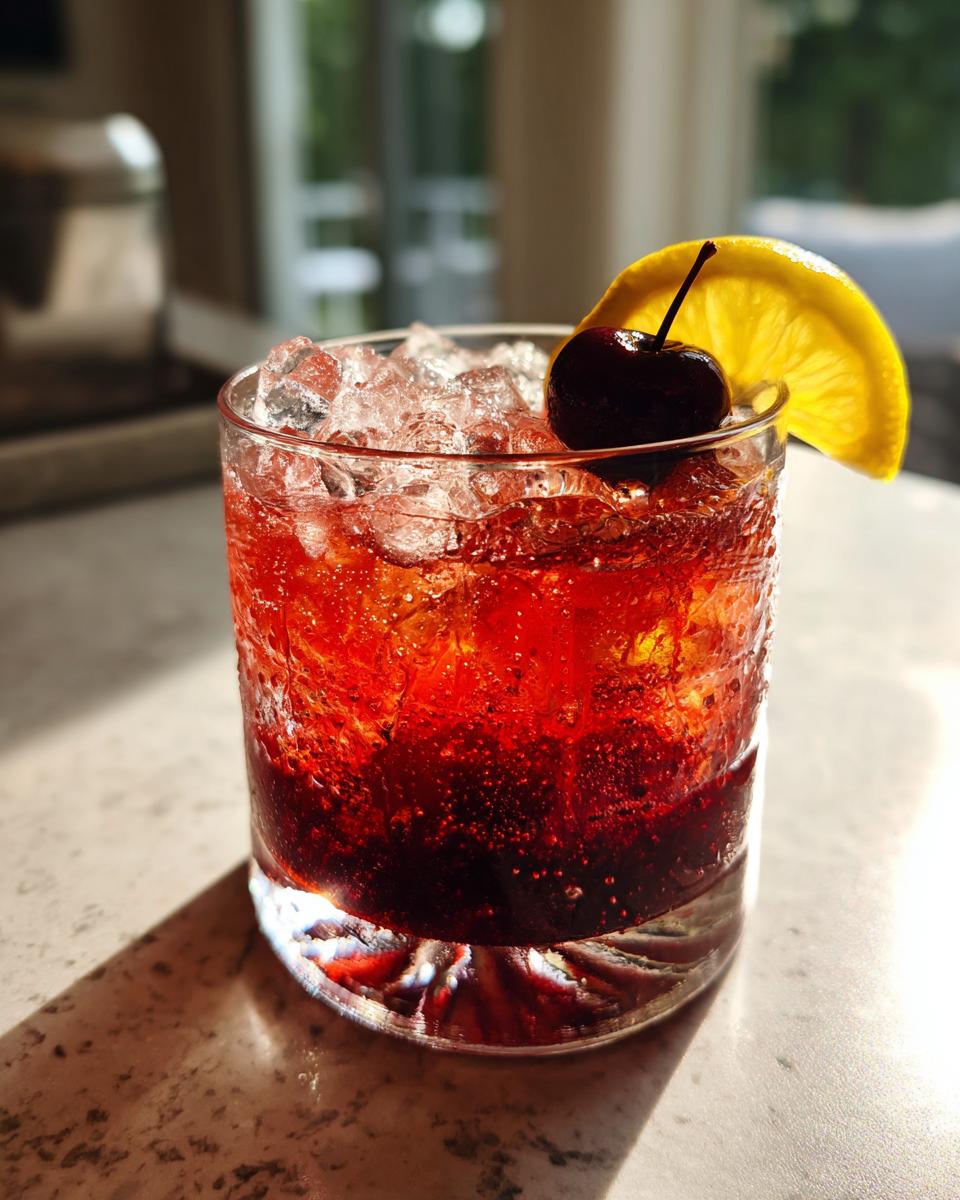 Close-up of a vibrant red cherry bourbon smash cocktail filled with crushed ice and garnished with a lemon slice and a dark cherry.