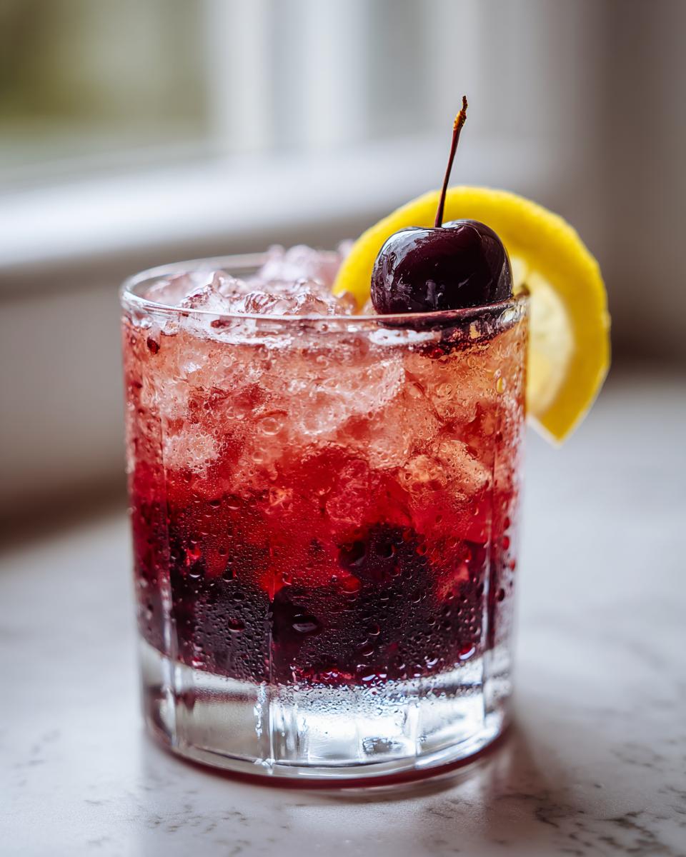 A close-up of a vibrant red cherry bourbon smash cocktail filled with crushed ice and garnished with a fresh cherry and lemon slice.
