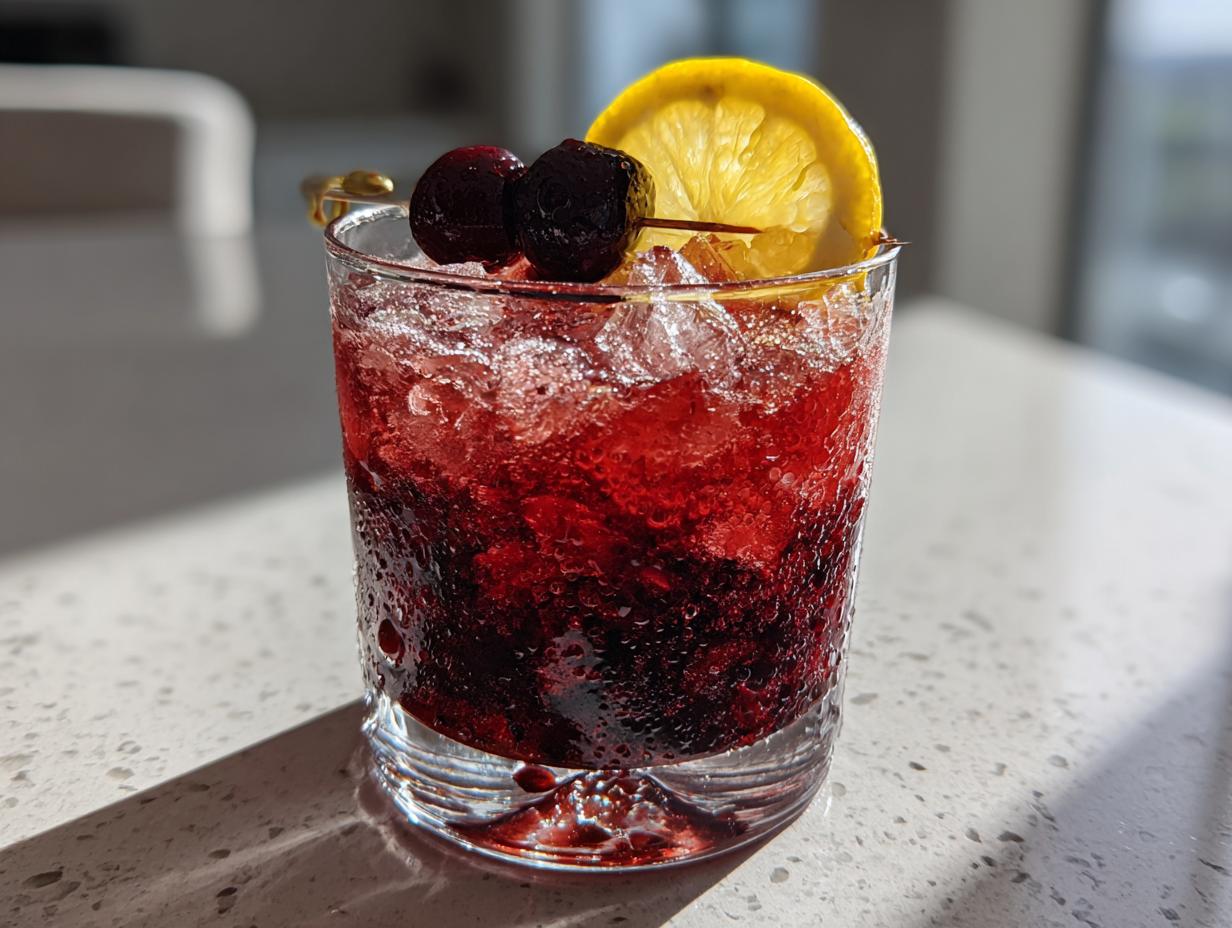 A vibrant, deep red cherry bourbon smash cocktail served over crushed ice with a lemon slice and two cherries as garnish.