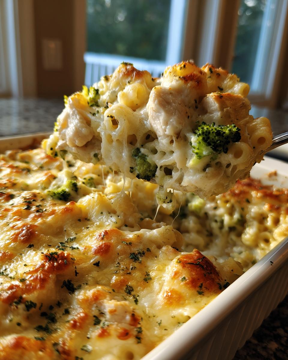 A spoonful of creamy chicken and broccoli alfredo bake being lifted from the casserole dish, showing melted cheese.