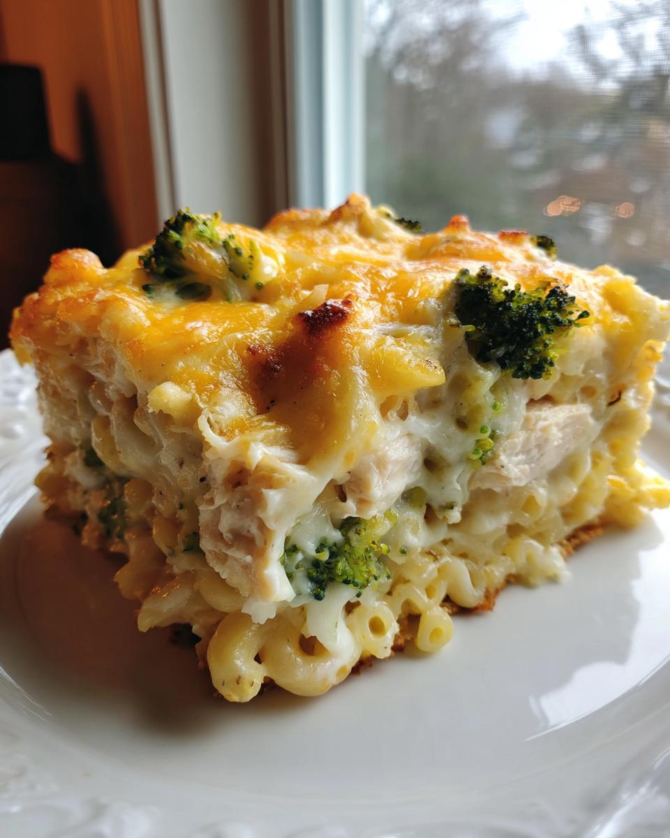 A generous slice of baked chicken and broccoli alfredo bake with a golden, cheesy top.