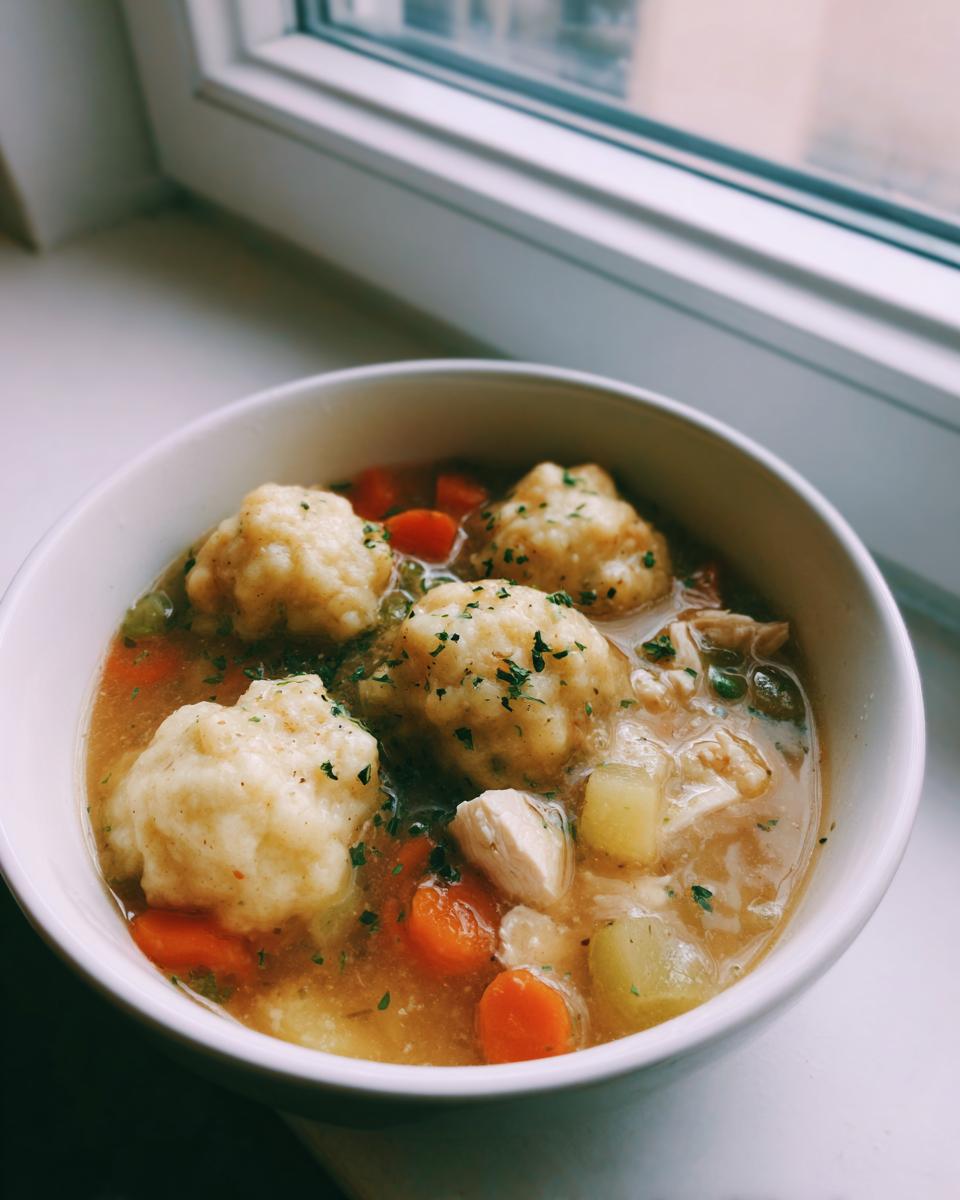 A close-up of a white bowl filled with savory chicken and drop dumplings, carrots, and broth, set by a window.