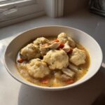 A close-up of a white bowl filled with creamy chicken and drop dumplings, carrots, and herbs.