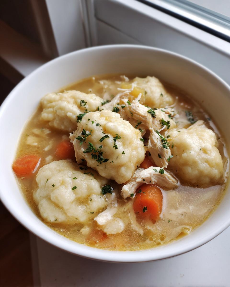 A close-up of a white bowl filled with rich broth, shredded chicken, carrots, and fluffy drop dumplings, garnished with parsley.