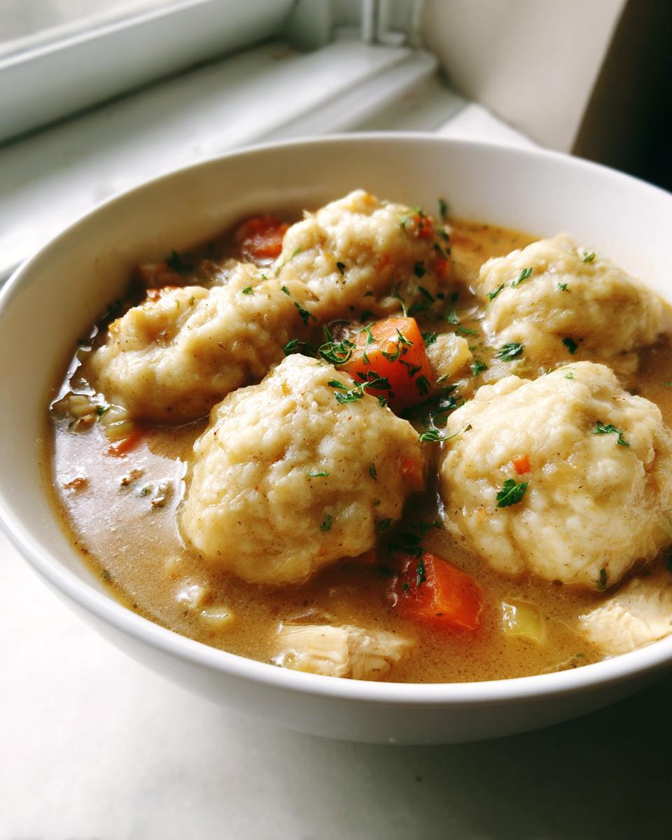 Close-up of a white bowl filled with rich broth, tender chicken, carrots, and fluffy chicken and drop dumplings.