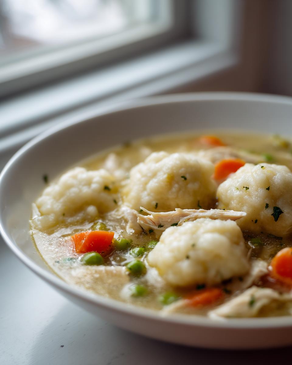 A close-up, comforting bowl of chicken and drop dumplings soup with carrots and peas, set near a window.
