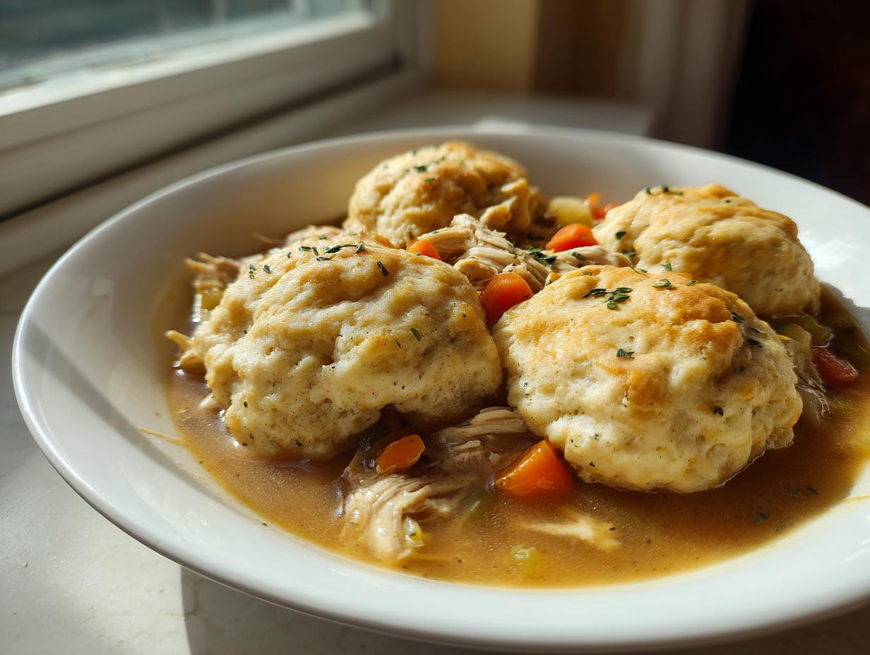 A white bowl filled with rich broth, shredded chicken, vegetables, and four fluffy chicken and drop dumplings.