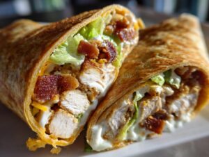 Cross-section of a grilled chicken bacon ranch wrap showing crispy chicken, bacon, lettuce, cheese, and ranch dressing.