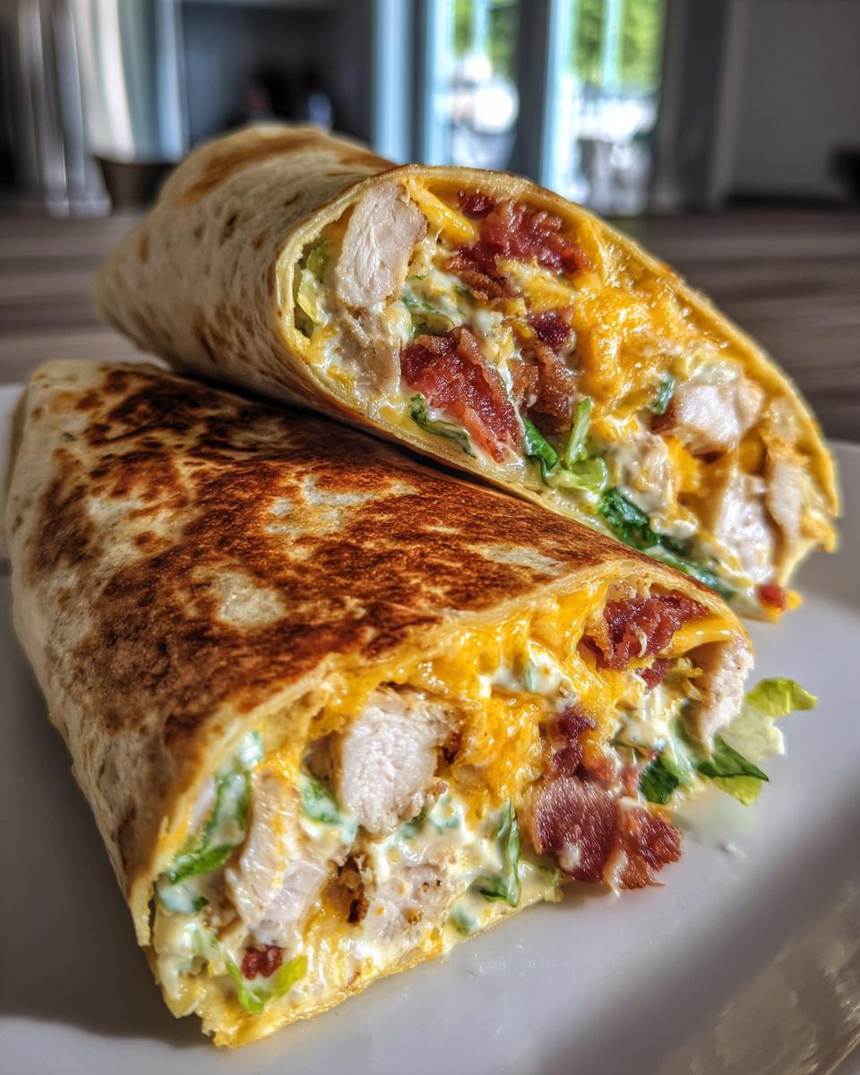 A toasted chicken bacon ranch wrap cut in half, showing chunks of chicken, bacon, melted cheese, and ranch dressing.