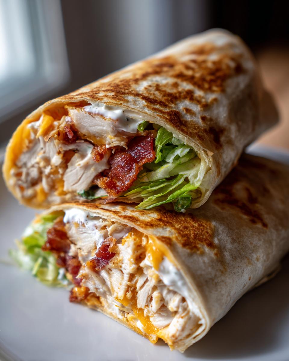 A close-up of a toasted chicken bacon ranch wrap cut in half, showing shredded chicken, bacon, lettuce, cheese, and ranch dressing.