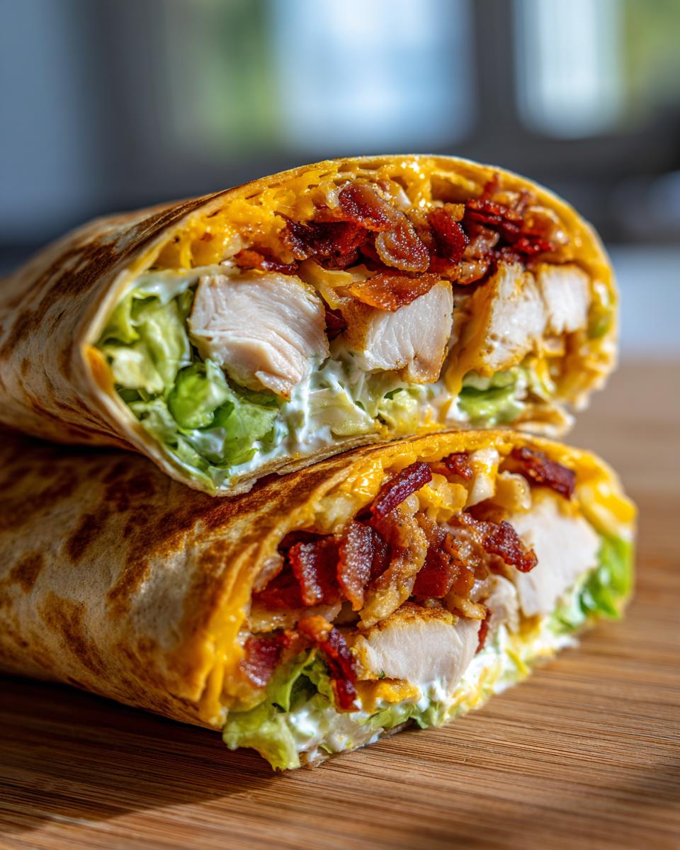 Two halves of a delicious chicken bacon ranch wrap stacked, showing chunks of chicken, bacon, lettuce, and ranch dressing.