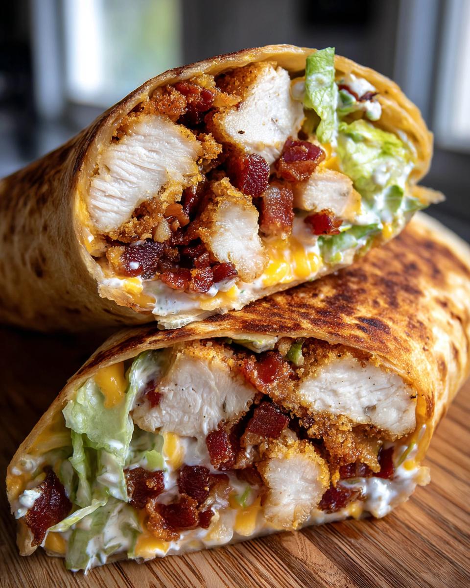 Close-up of a chicken bacon ranch wrap cut in half, showing crispy chicken, bacon bits, lettuce, and ranch dressing.