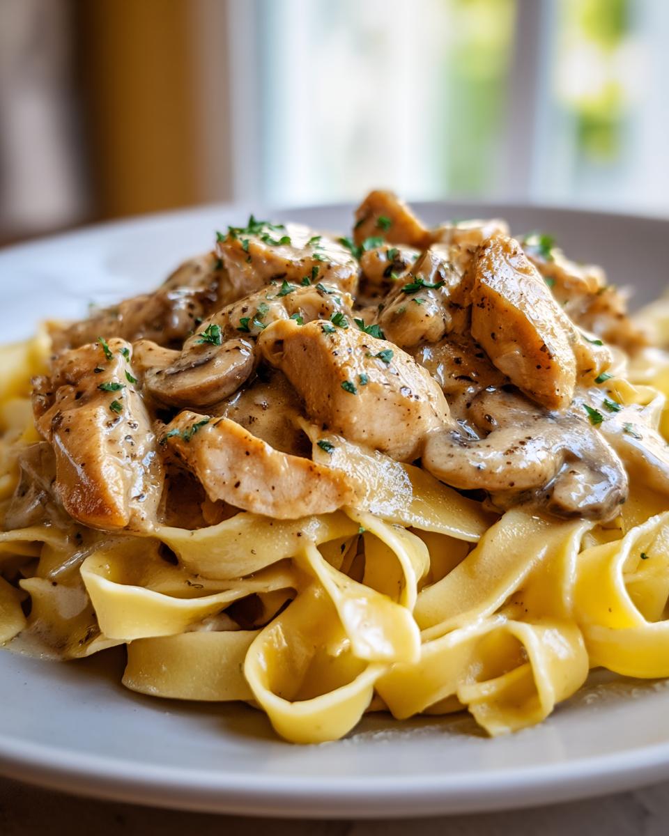 Close-up of chicken marsala pasta featuring tender chicken pieces and mushrooms in a creamy sauce over wide egg noodles.