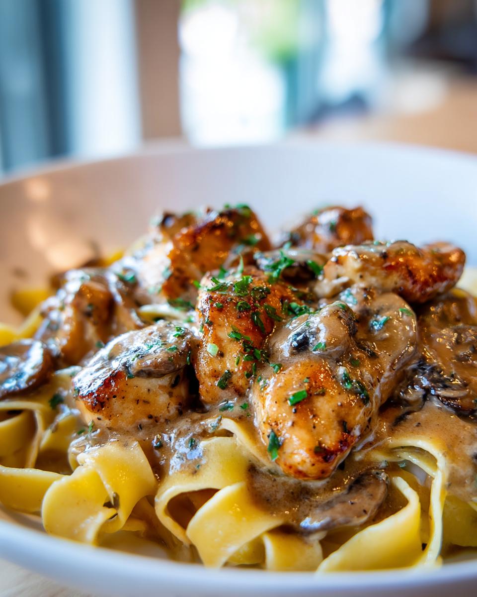 Close-up of tender chicken pieces and mushrooms in a rich, creamy sauce served over wide egg noodles in chicken marsala pasta.