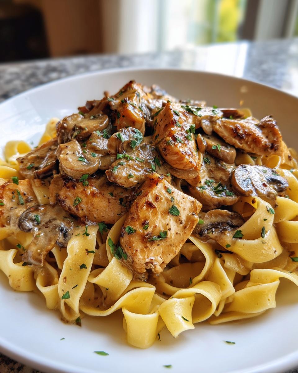 A close-up of creamy chicken marsala pasta featuring wide egg noodles, seared chicken pieces, and sliced mushrooms.
