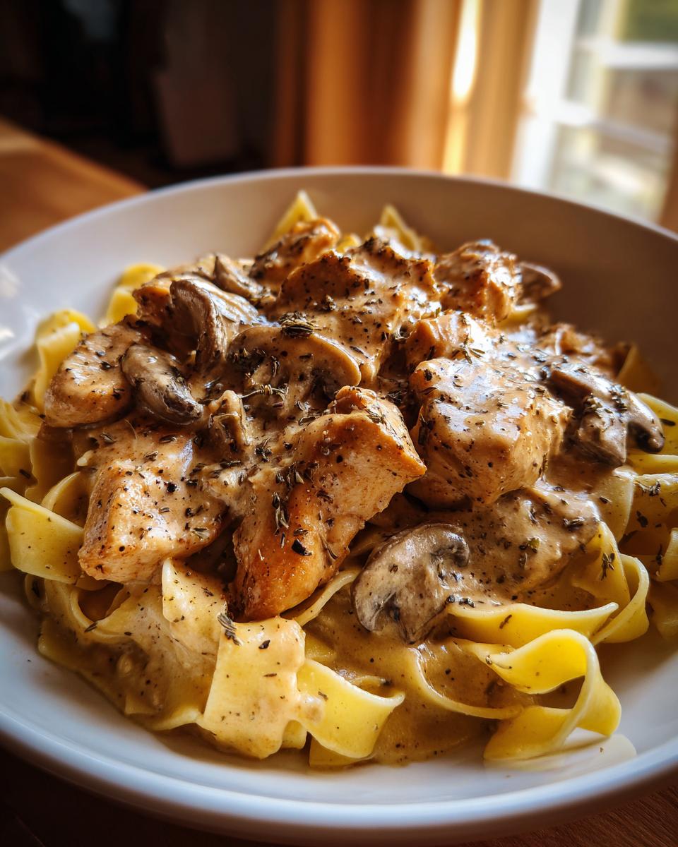 Close-up of chicken marsala pasta featuring wide egg noodles topped with creamy sauce, seasoned chicken pieces, and sliced mushrooms.