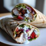Close-up of a grilled chicken mediterranean wrap cut in half, showing chicken, lettuce, tomato, onion, feta, and tzatziki sauce.