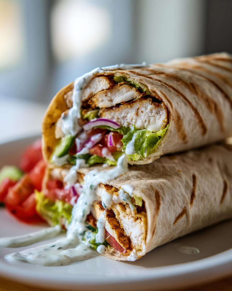 Two halves of a grilled mediterranean wrap stuffed with chicken, lettuce, tomato, onion, and drizzled with white sauce.