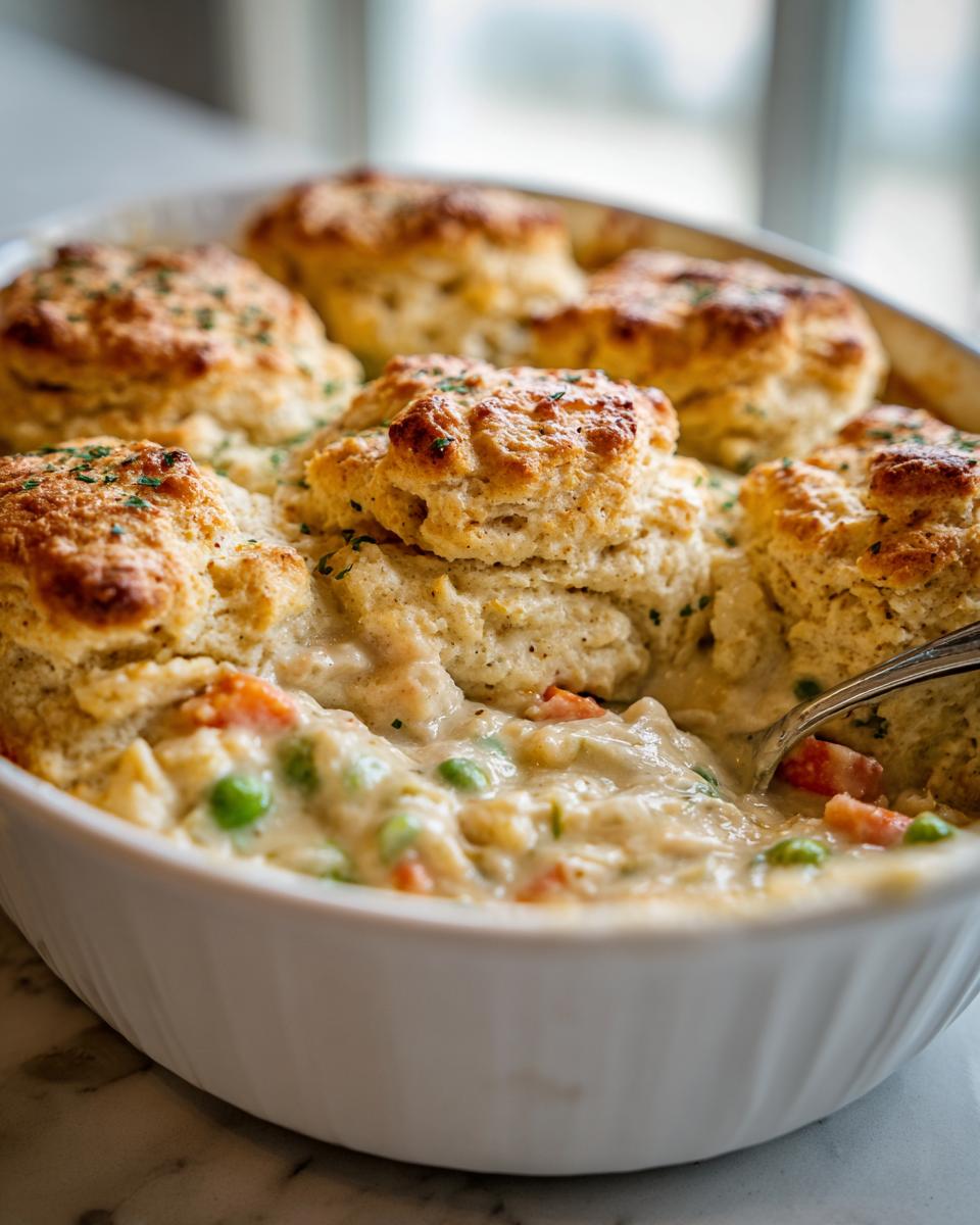 Close-up of a creamy chicken pot pie casserole topped with golden biscuits, with a spoon scooping out filling.