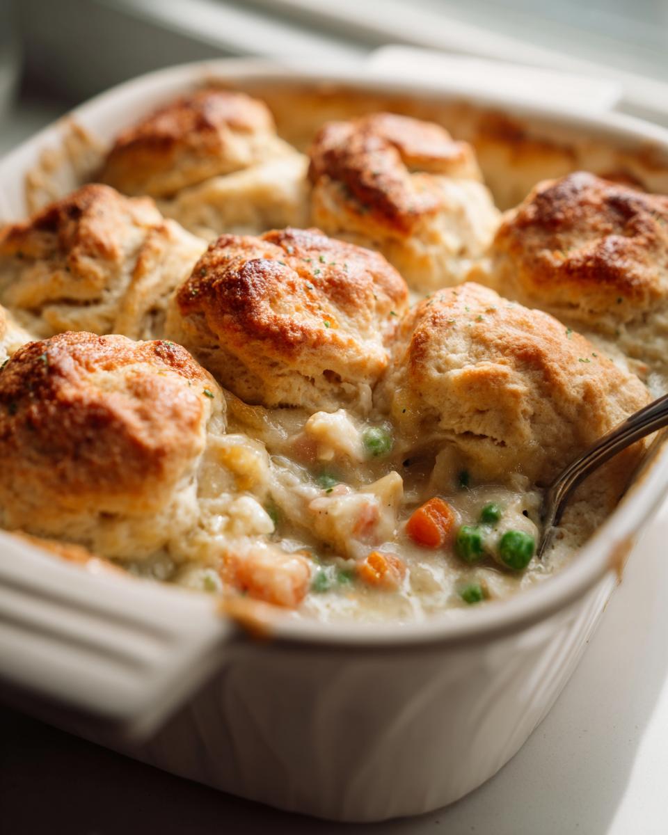 Close-up of a creamy chicken pot pie casserole topped with golden, fluffy biscuits, showing peas and carrots.