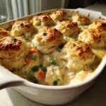 Close-up of a baked chicken pot pie casserole topped with golden, fluffy biscuits and creamy sauce.