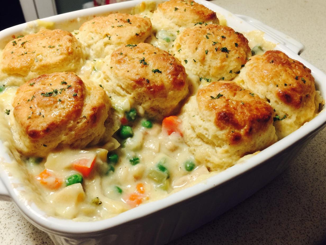 Close-up of a baked chicken pot pie casserole topped with golden biscuits and sprinkled with parsley.