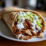 A close-up of a freshly made chicken shawarma with garlic sauce, stuffed in a pita bread with lettuce.
