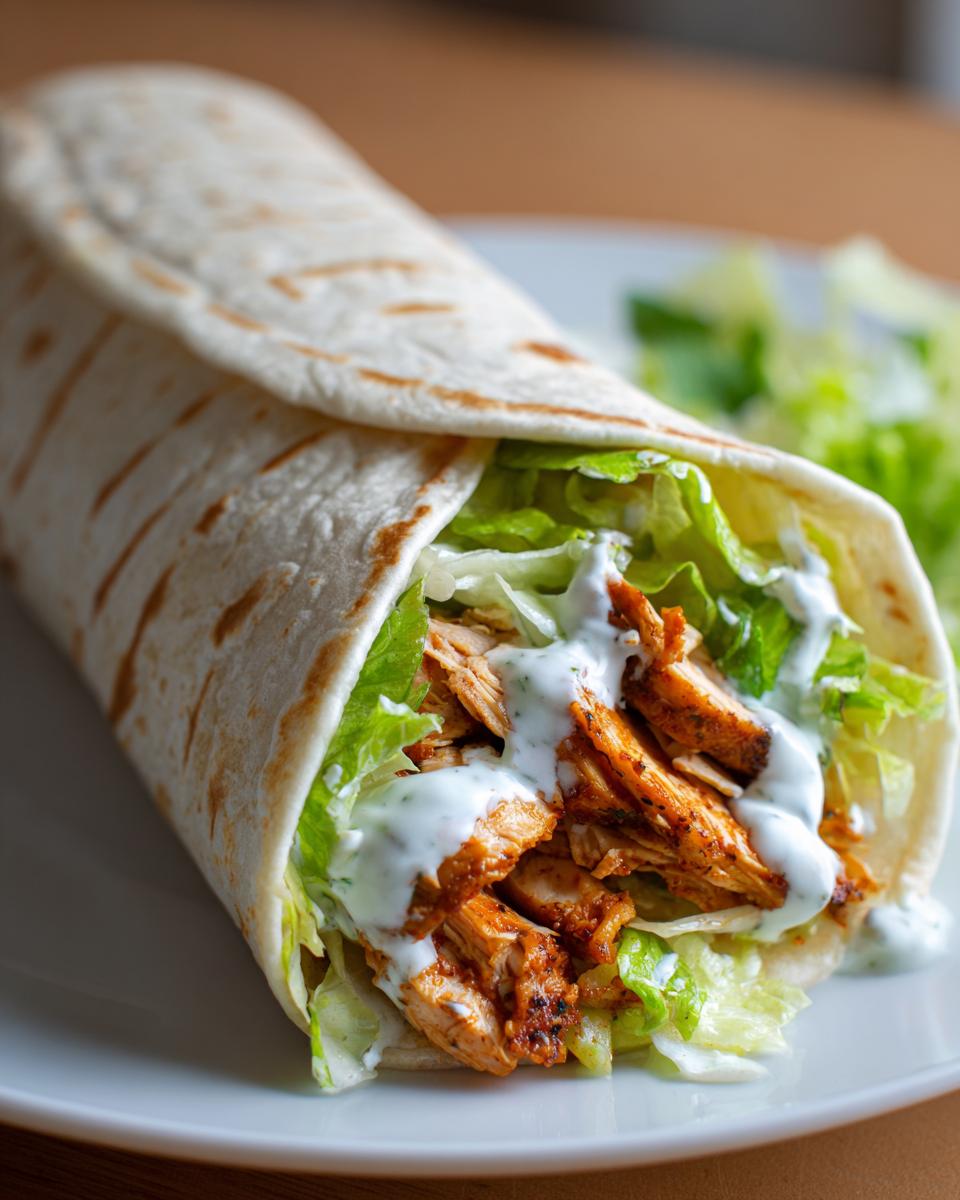 Close-up of a freshly made chicken shawarma with garlic sauce, filled with seasoned chicken and lettuce in a soft flatbread.