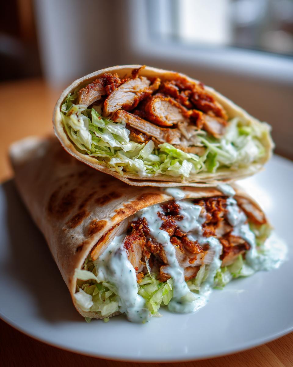 Two halves of a chicken shawarma with garlic sauce wrap stacked, showing spiced chicken, lettuce, and creamy sauce.