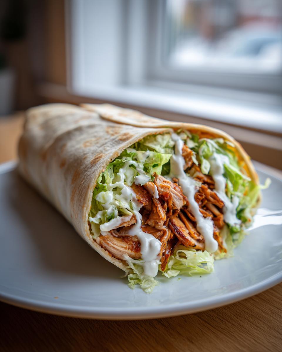 Close-up of a fully loaded chicken shawarma with garlic sauce, shredded lettuce, and spiced chicken wrapped in flatbread.