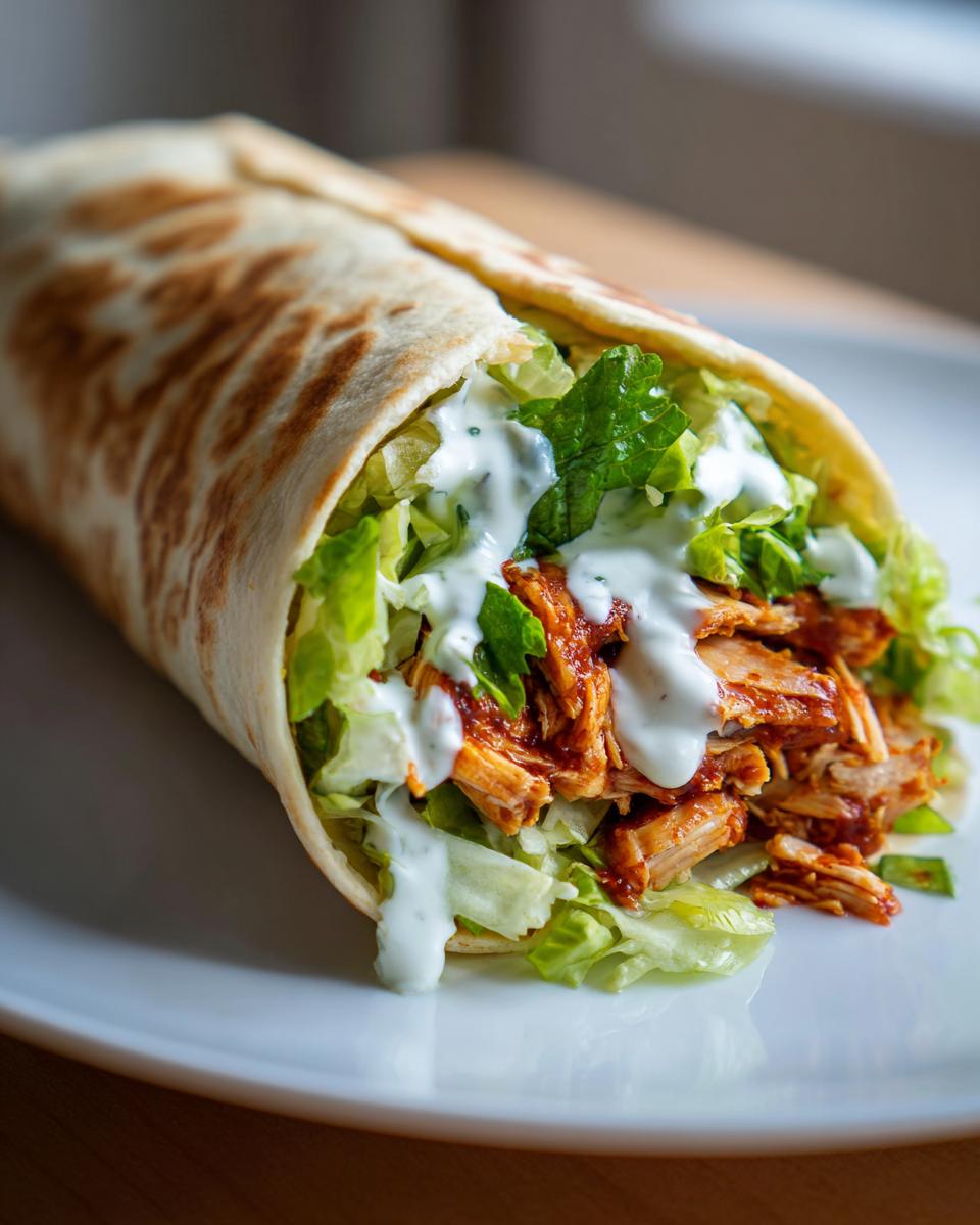 Close-up of a perfectly wrapped chicken shawarma with garlic sauce drizzled over shredded chicken and lettuce.