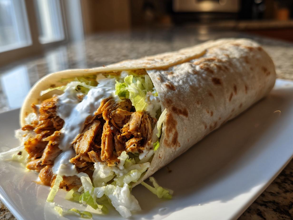 A close-up of a tightly wrapped chicken shawarma with garlic sauce, shredded lettuce, served on a white plate.
